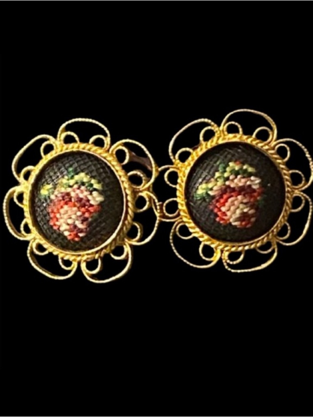 Vintage Clip On Earrings Petit Point Rose Needlepoint Filigree Gold Tone Frame